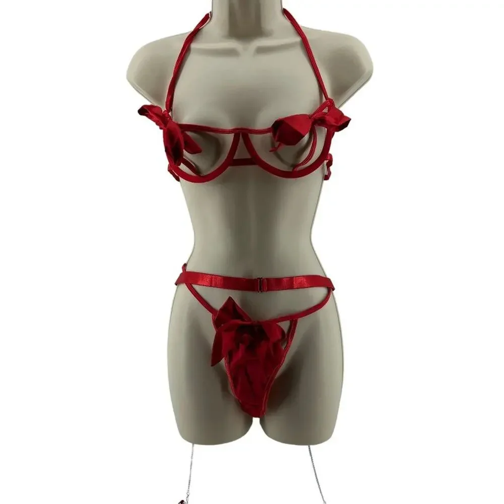 Womens Red Hot Sexy Lingerie Naughty Play Set 3 Pcs Sleepwear Lace Medium
